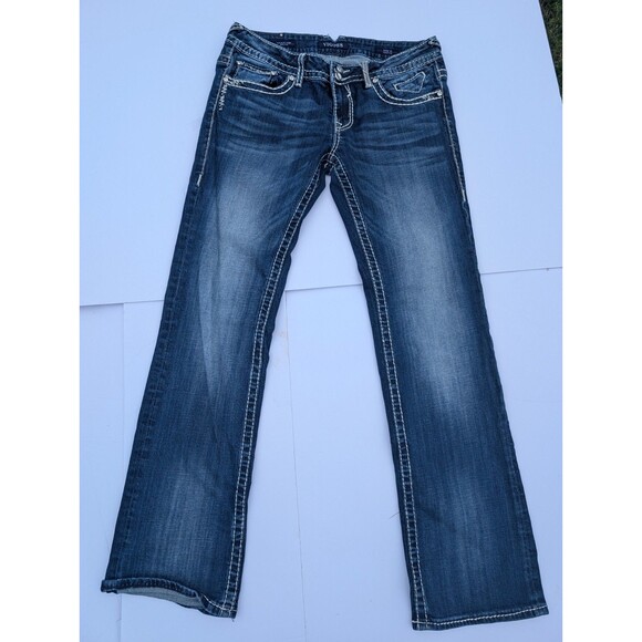 Vigoss Jeans Dark Wash Faded Stitching Embroidery Western Bootcut 31/33 Low Rise - Picture 1 of 8